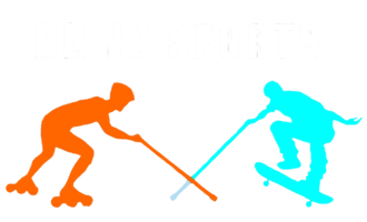 Logo em fundo preto com o texto "BLIND SPORTS" em letras brancas na parte superior. Abaixo, duas silhuetas estilizadas: à esquerda, uma pessoa de patins em cor laranja usando uma bengala; à direita, uma pessoa em azul turquesa sobre um skate, também segurando uma bengala.